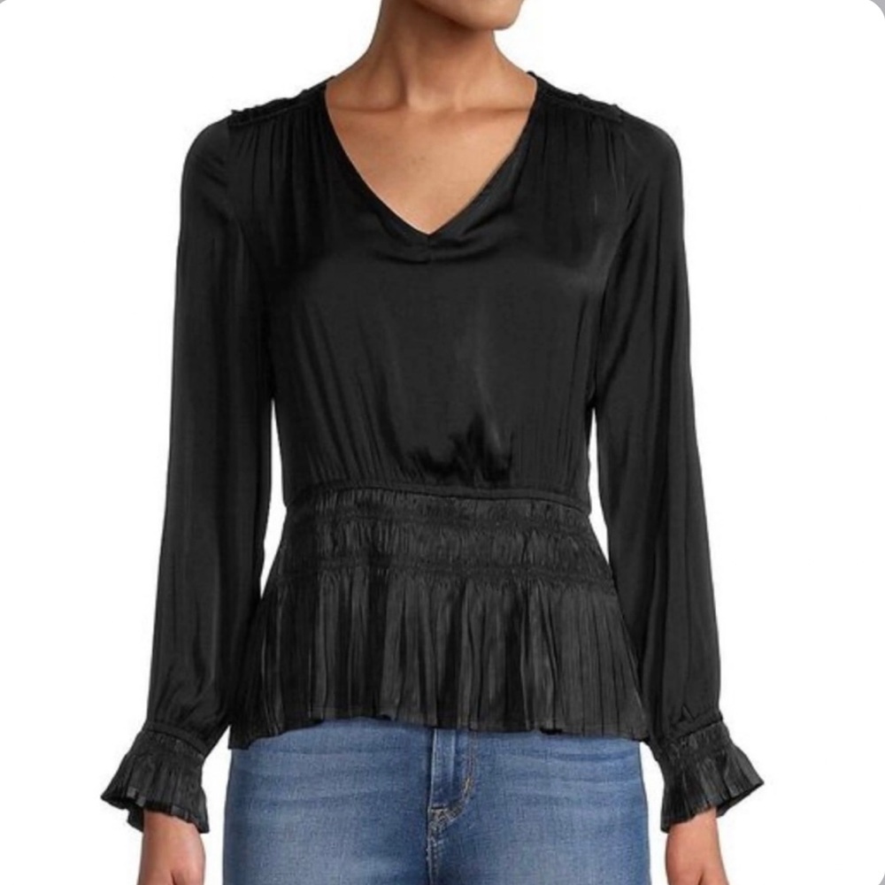 NWT Philosophy Black V-Neck Long Sleeve Peplum Silk Blouse L